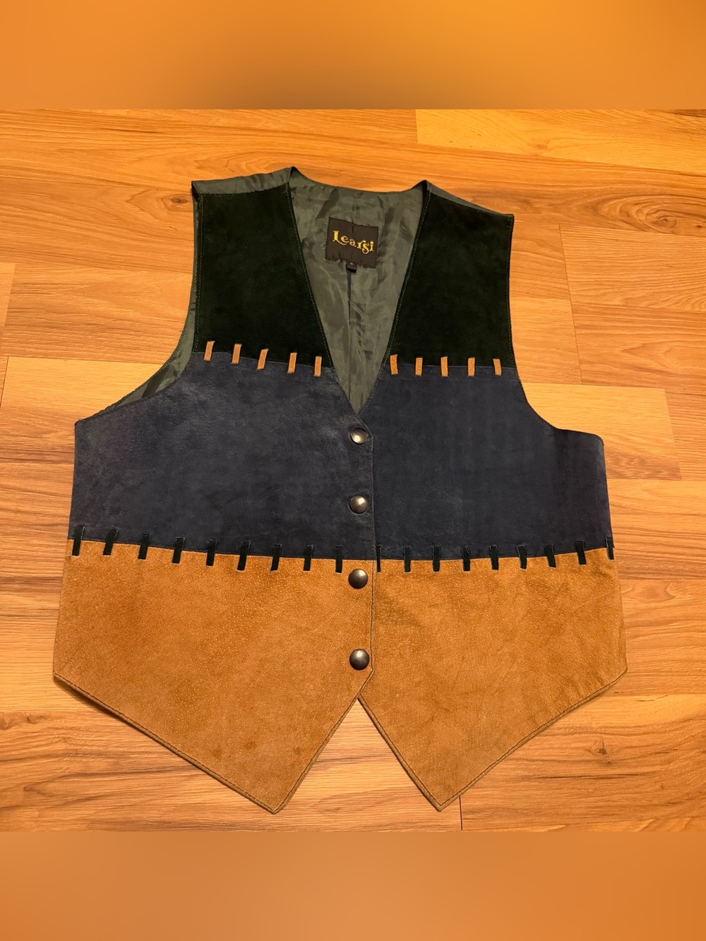 Vintage Western Learsi Suede Leather Colorblock Vest - Green, Navy & Camel